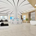 Modern Service Hall Interior with Curved Ceiling Marble Floor Reception Desk and Seating Area