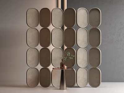 Modern Gray Fabric Paneled Screen with Grid Design and Small Copper Vase Green Plant 3d model