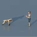 Game Character Boy Standing Holding Object Interacting With Spotted Dog on Blue Surface 3d model