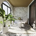 Cozy Home Balcony Design With Stone Wall Wooden Ceiling Plants Armchair And Gray Rug