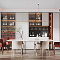 Modern Restaurant Interior With Dining Table Red And White Chairs Wine Rack And Hanging Light