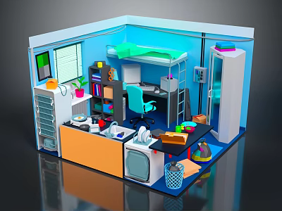 Modern Compact Small Room Interior With Bunk Bed Desk Bookshelf Wardrobe And Computer 3d model