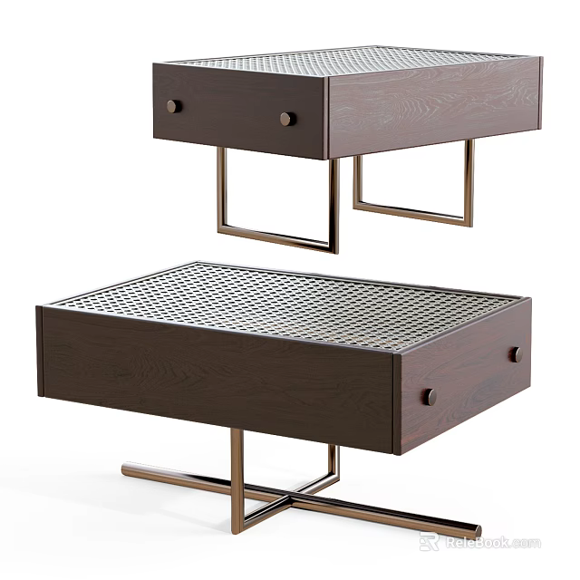 Two Modern Wooden Stools With Metal Frame And Grid Surface Design 3d model