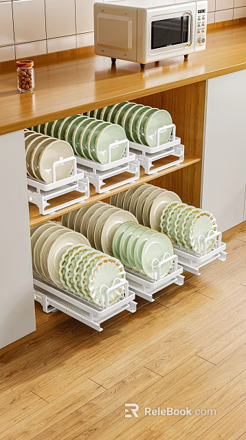 Decorative Plate Set with Green Beige Patterned Edges on White Racks in Wooden Cabinet 3d model 