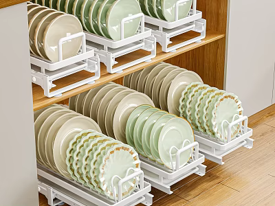 Decorative Plate Set with Green Beige Patterned Edges on White Racks in Wooden Cabinet 3d model
