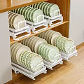 Decorative Plate Set with Green Beige Patterned Edges on White Racks in Wooden Cabinet