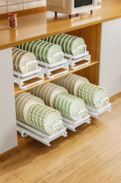 Decorative Plate Set with Green Beige Patterned Edges on White Racks in Wooden Cabinet 3d model