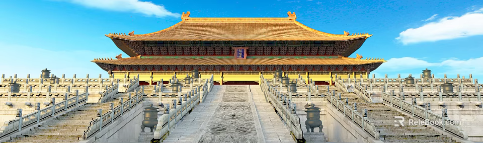 Exquisite Ancient Chinese Palace Architecture With Golden Roof Decorative Eaves Stone Steps And Carved Dragons 3d model 