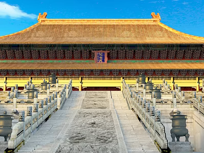 Exquisite Ancient Chinese Palace Architecture With Golden Roof Decorative Eaves Stone Steps And Carved Dragons 3d model