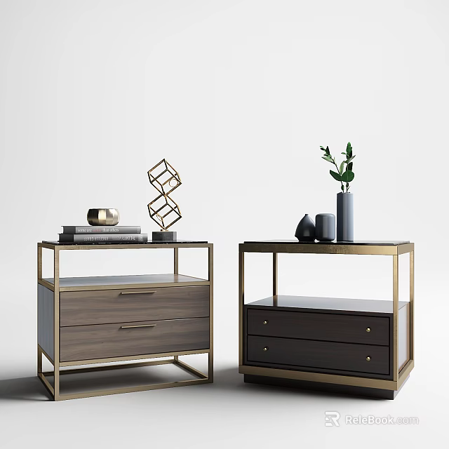 Modern Bedside Tables With Metal Frames Wooden Drawers Books And Green Plant 3d model 