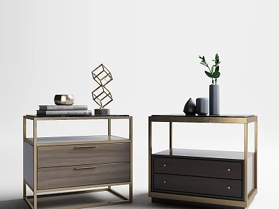 Modern Bedside Tables With Metal Frames Wooden Drawers Books And Green Plant 3d model