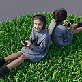 Two Girls in Gray Dresses Sitting Back to Back on Green Grass Holding Black Objects
