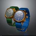 Fashionable Watches With Green And Blue Straps Metallic Dials And Golden Frames Design