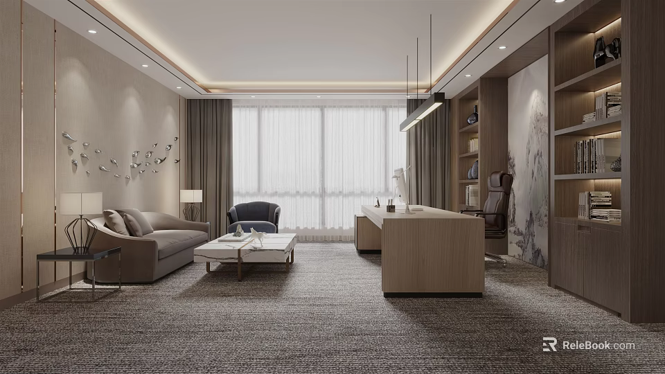 Modern Office Interior With Sofa Coffee Table Wooden Desk And Large Windows 3d model