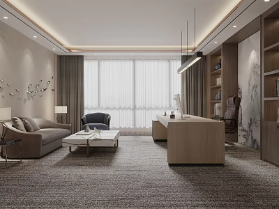 Modern Office Interior With Sofa Coffee Table Wooden Desk And Large Windows 3d model