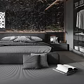 Modern Minimalist Bedroom Interior With Dark Marble Wall Large Bed Floor-to-Ceiling Windows And Wardrobe