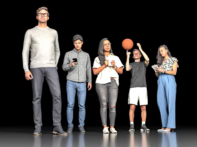 Group Of People Standing Together With Basketball Smartphone Drink And Tablet 3d model