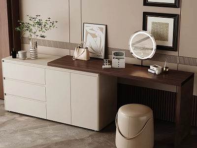 Modern Dressing Table With Round Mirror Drawers Cabinets Stool And Decorative Items 3d model