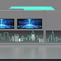 Modern Display Shelf With Two Screens Blue Light Effects And City Skyline Silhouette Design