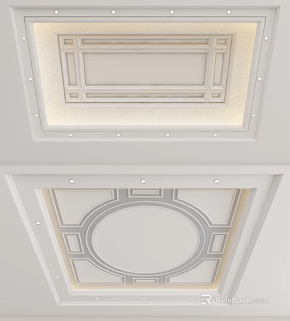 Elegant Ceiling Design With Decorative Moldings Recessed Lighting And Layered Patterns 3d model 