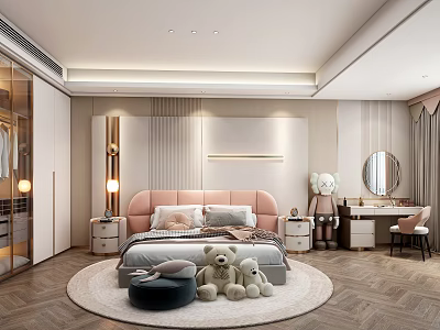 Cozy Modern Bedroom Interior With Pink Headboard Teddy Bears Round Rug And Dressing Table 3d model