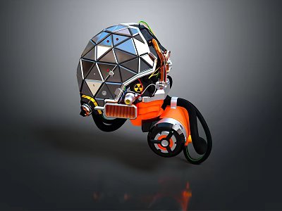 Polyhedral Shaped Household Item With Orange Base Wheels And Connecting Cables 3d model