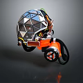 Polyhedral Shaped Household Item With Orange Base Wheels And Connecting Cables