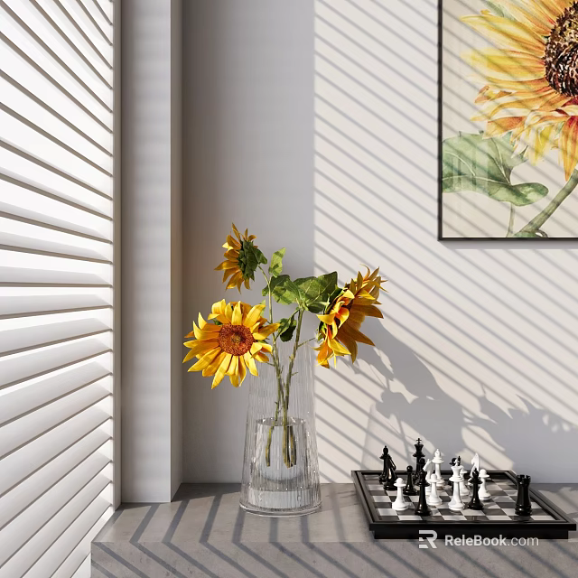Glass Vase With Sunflowers Near Window Blinds With Sunlight Shadows And Chessboard 3d model 