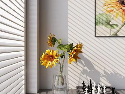 Glass Vase With Sunflowers Near Window Blinds With Sunlight Shadows And Chessboard 3d model
