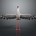 White Bird With Red Beak And Long Legs Spread Wings On Gray Background With Reflection