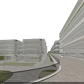 Modern Office Building With Streamlined Glass Facade In Urban Setting With Trees Pedestrians And Road
