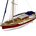 Red And Blue Sailboat Yacht With Tall Mast And Wooden Deck On Sea