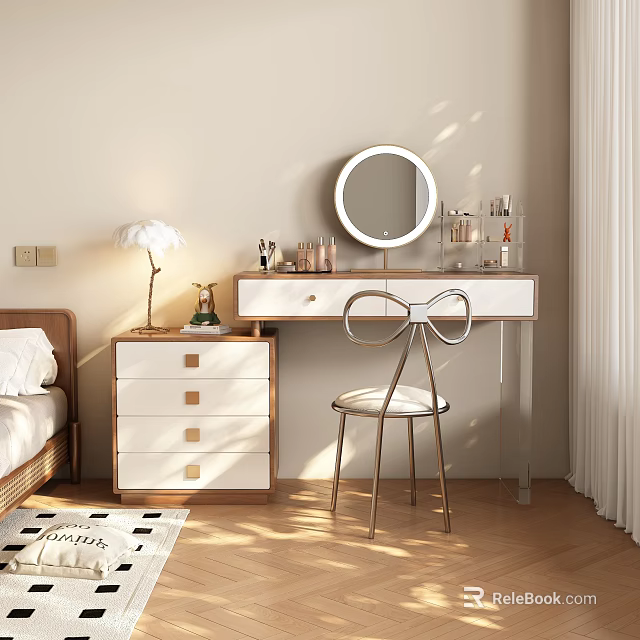 White and Wooden Dressing Table with Round Mirror Bowknot Chair and Cosmetics in Bedroom 3d model 