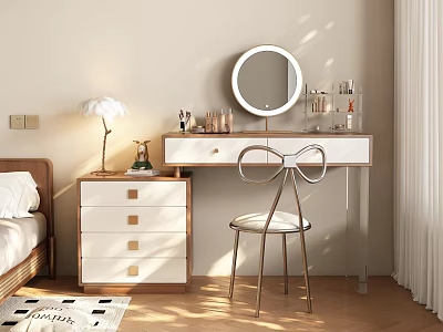White and Wooden Dressing Table with Round Mirror Bowknot Chair and Cosmetics in Bedroom 3d model