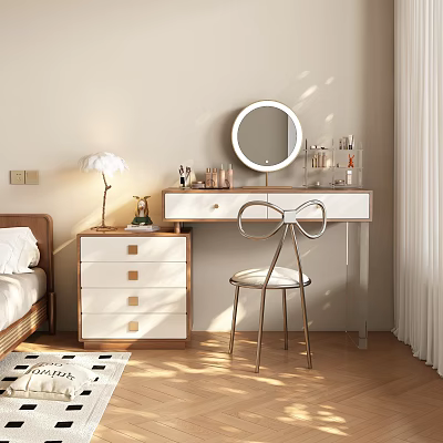 White and Wooden Dressing Table with Round Mirror Bowknot Chair and Cosmetics in Bedroom 3d model