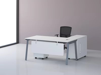 Modern White Office Desk With Black Chair And Metal Frame Design 3d model