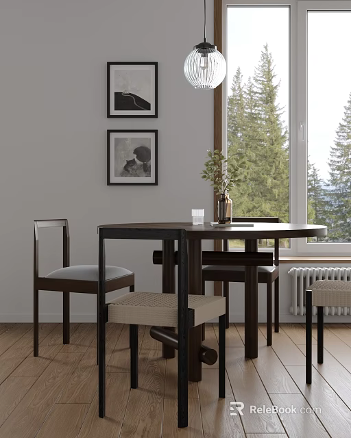 Dining Table Set With Chairs Framed Art Vase And Forest Window View 3d model 