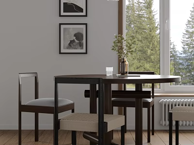 Dining Table Set With Chairs Framed Art Vase And Forest Window View 3d model