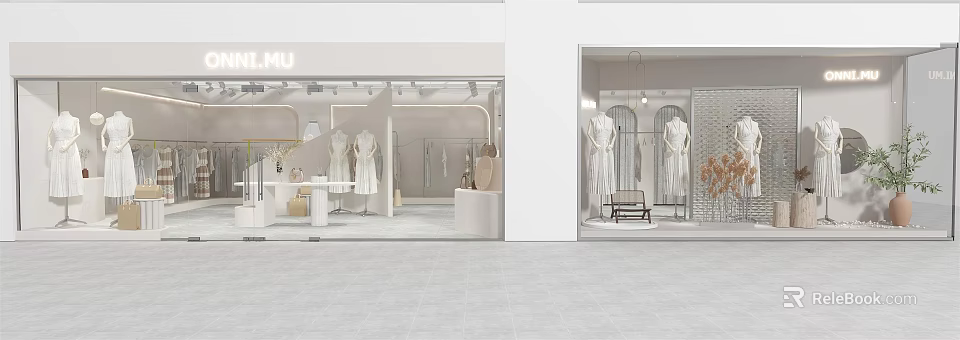 Elegant Modern Clothing Storefront With Window Display Mannequins And Dresses 3d model 