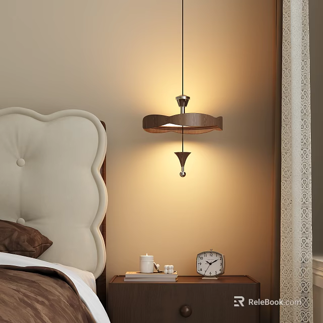 Wooden Two Tier Circular Chandelier Illuminating Bedroom With Bedside Table And Alarm Clock 3d model 