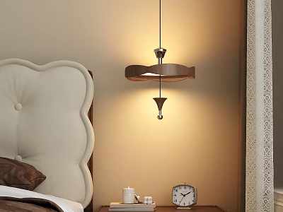 Wooden Two Tier Circular Chandelier Illuminating Bedroom With Bedside Table And Alarm Clock 3d model