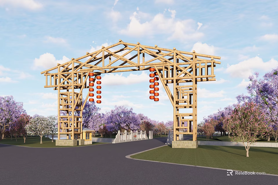 Traditional Wooden Entrance Gate With Red Lanterns Purple Trees And Green Lawns 3d model 