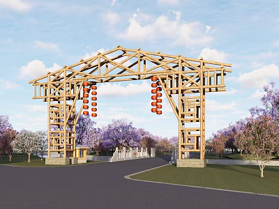Traditional Wooden Entrance Gate With Red Lanterns Purple Trees And Green Lawns 3d model