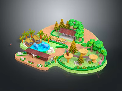 Scenic Park Landscape Design With Green Trees Pavilion Pool And Circular Seating Areas 3d model
