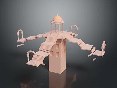 Modern Pink Architectural Model With Dome Tower Arches Steps And Platforms 3d model