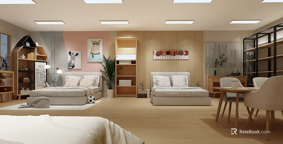 Modern Bedroom Furniture Store With Double Beds Wooden Shelves Pink Walls And Carpet 3d model 
