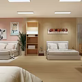 Modern Bedroom Furniture Store With Double Beds Wooden Shelves Pink Walls And Carpet