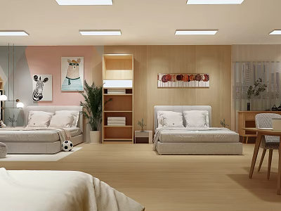 Modern Bedroom Furniture Store With Double Beds Wooden Shelves Pink Walls And Carpet 3d model