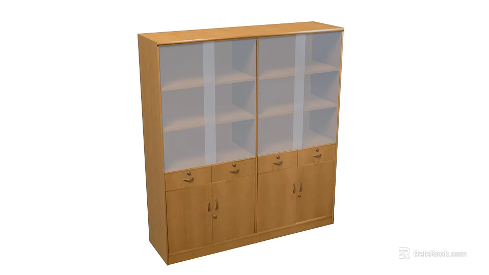 Wooden Bookcase with Glass Doors and Lower Drawers Cabinets for Home Office Storage 3d model 