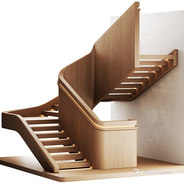 Elegant Modern Wooden Curved Staircase With Built in LED Step Lighting 3d model 